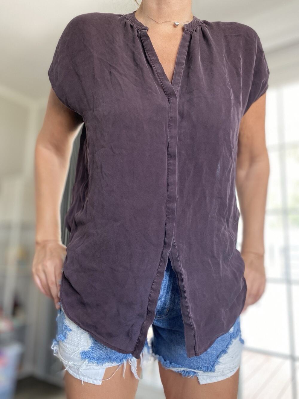 VINCE Womens 100% Silk Blouse Snap Front Plum Purple XS
